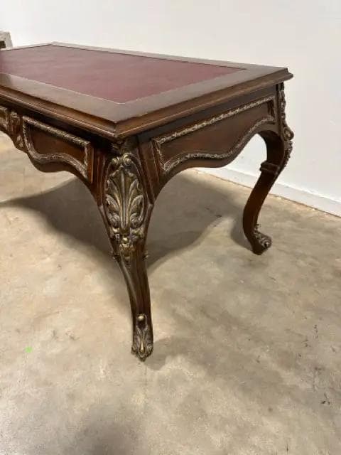Leather Top 3 Drawer Ornate Carved Desk - Thumbnail 4