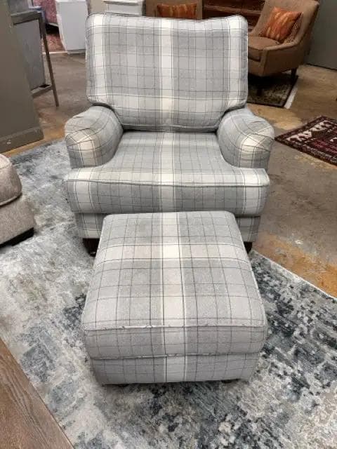 Arm Chair In Grey, Cream, And Brown Plaid Fabric