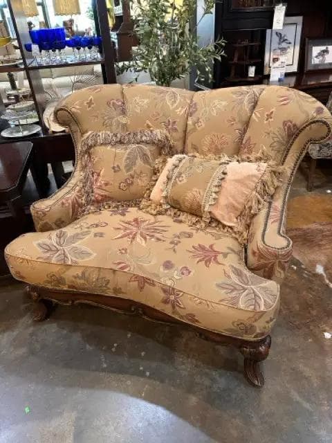 Harverty's Settee In Brown, Cream, Maroon Floral Fabric