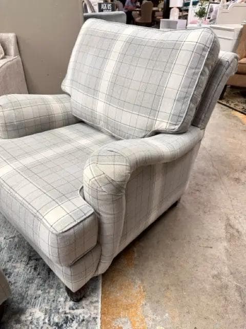 Arm Chair In Grey, Cream, And Brown Plaid Fabric - Thumbnail 2