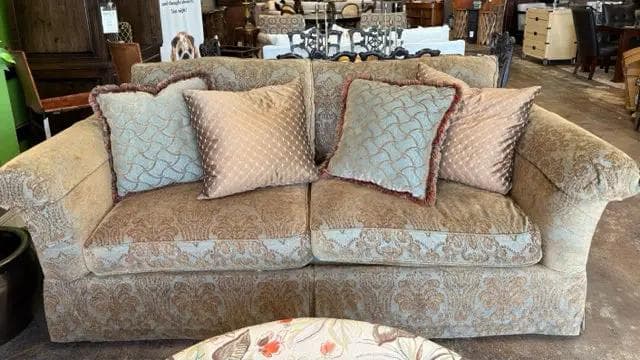 Charleston House Brown and Teal Brocade Sofa