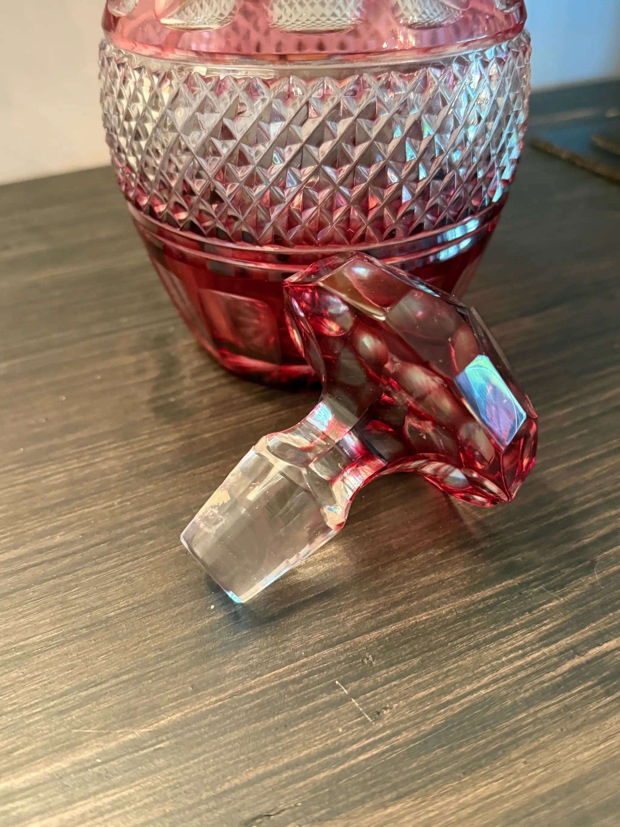 Vintage Bohemian Ruby Cut-to-Clear Crystal Decanter with Stopper - Thumbnail 2