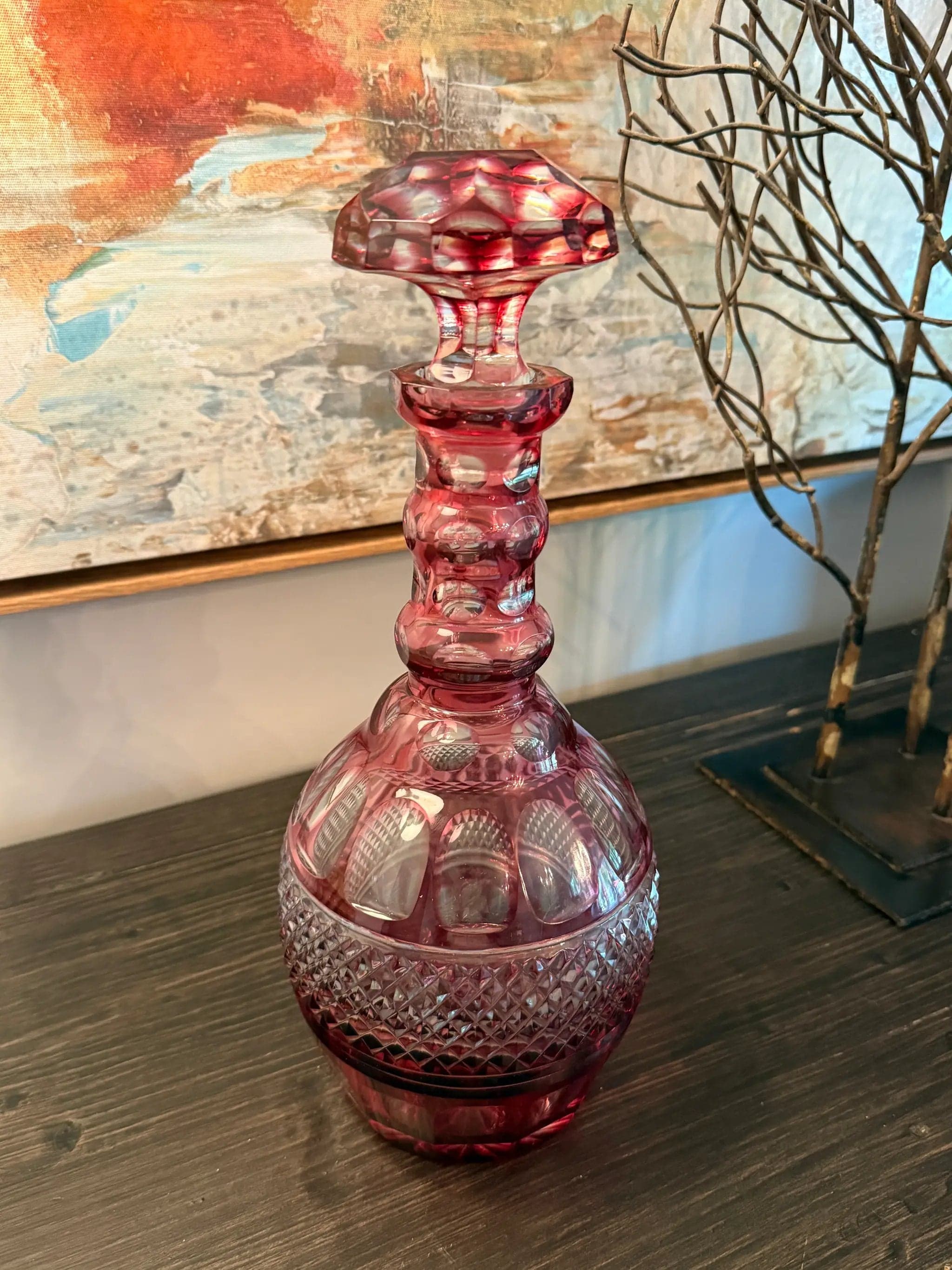 Vintage Bohemian Ruby Cut-to-Clear Crystal Decanter with Stopper