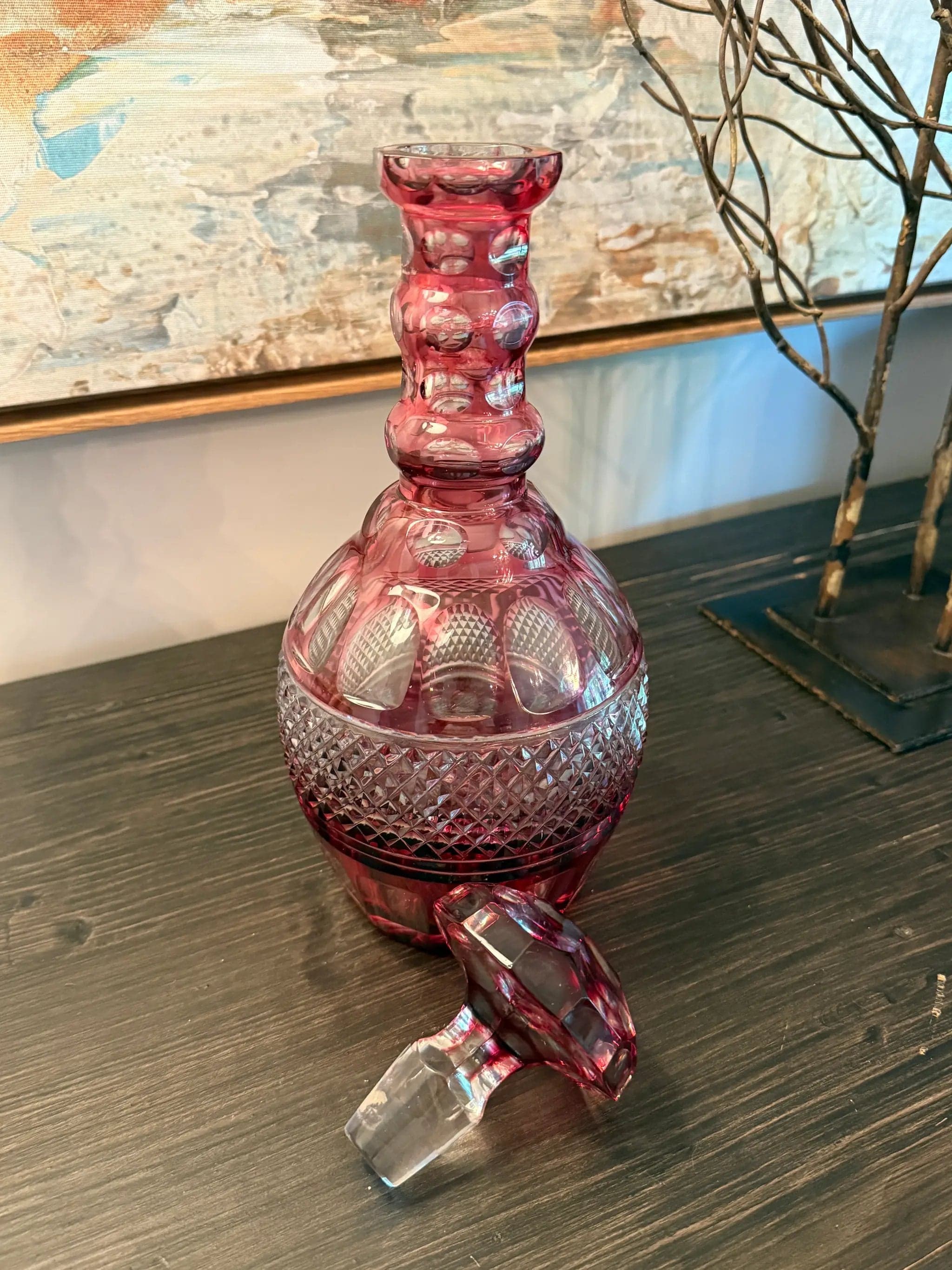 Vintage Bohemian Ruby Cut-to-Clear Crystal Decanter with Stopper - Thumbnail 3