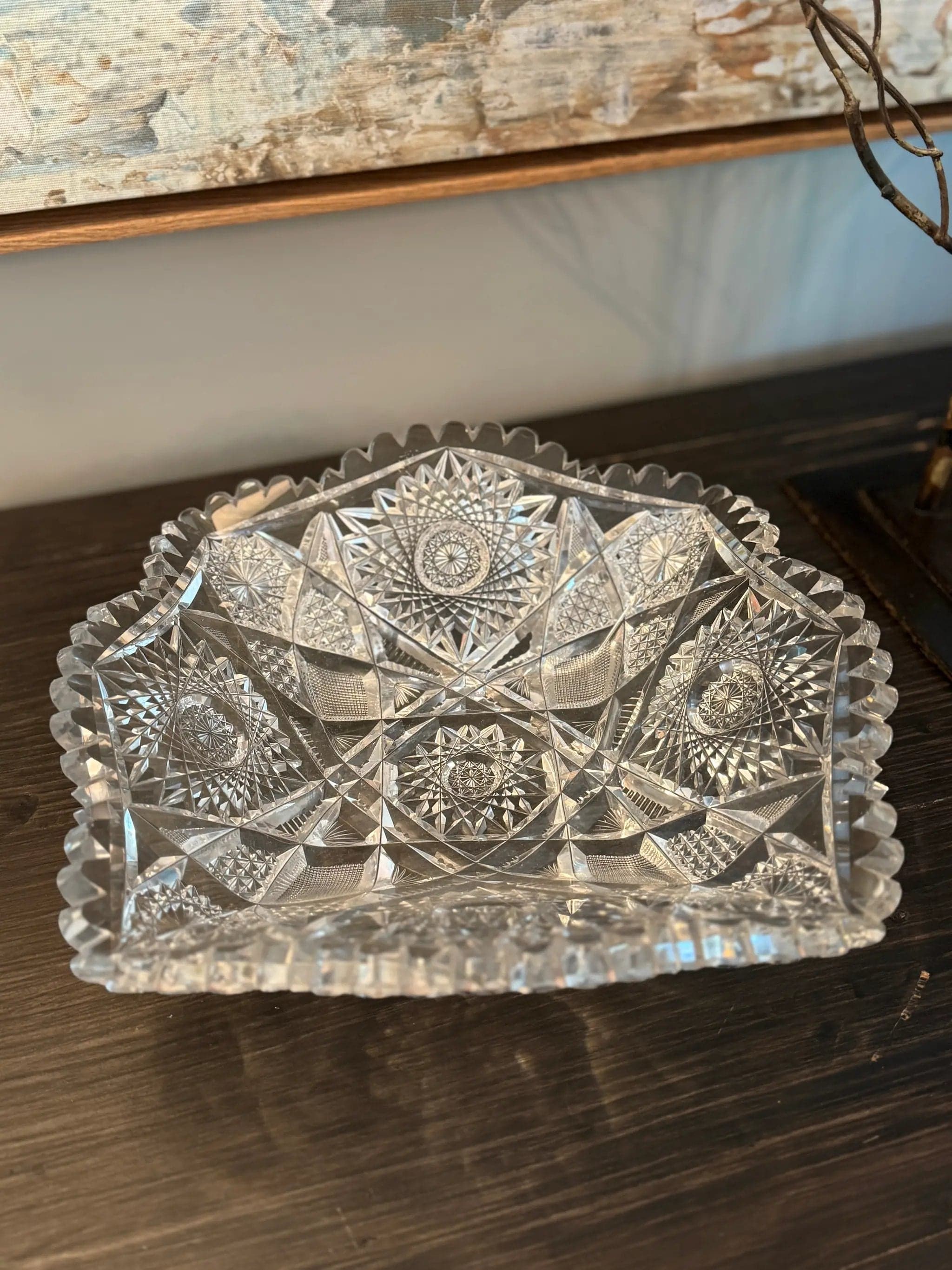 Antique Brilliant Period (ABP) Hand-Cut Crystal Square Relish Tray / Nappy Bowl