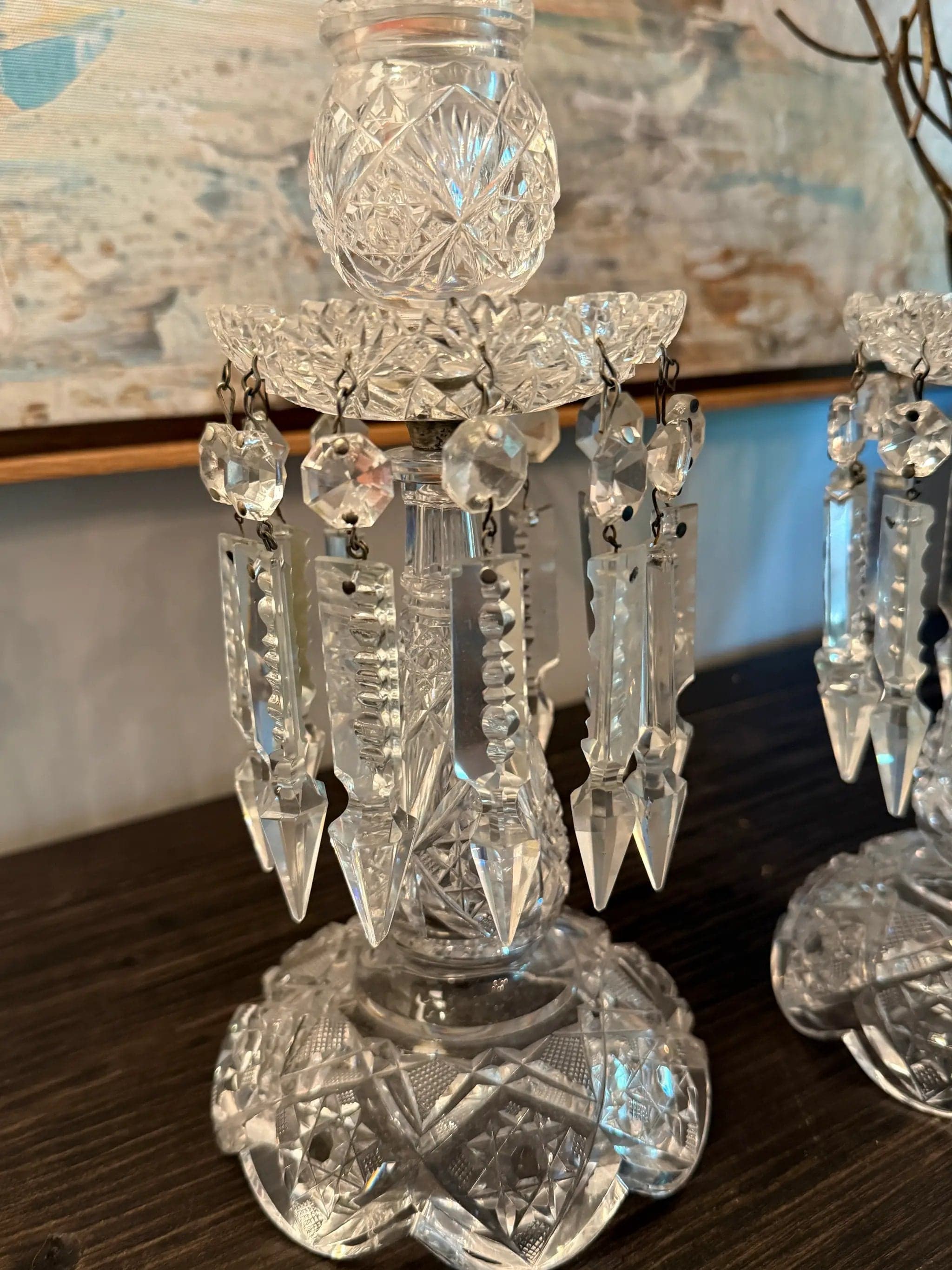 Pair of Antique A B P Cut Glass Candlesticks with Original Crystal Prism - Thumbnail 2