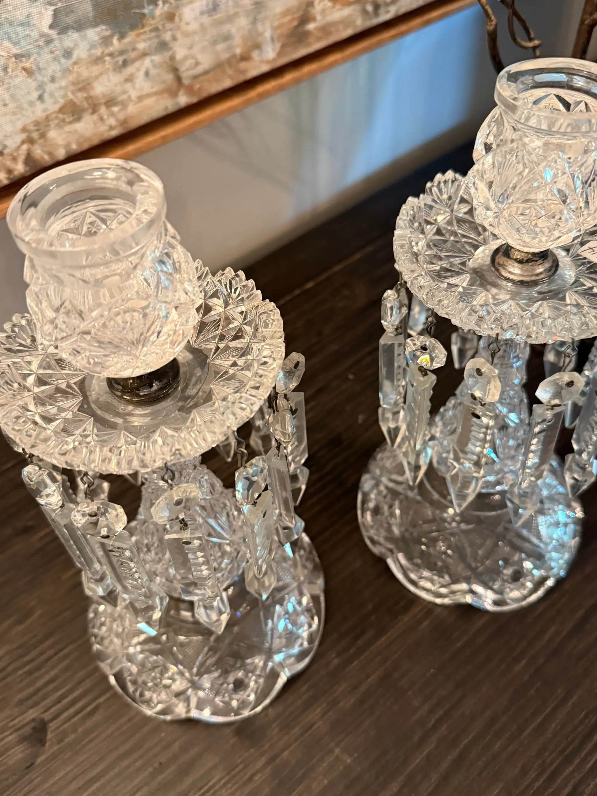 Pair of Antique A B P Cut Glass Candlesticks with Original Crystal Prism - Thumbnail 3