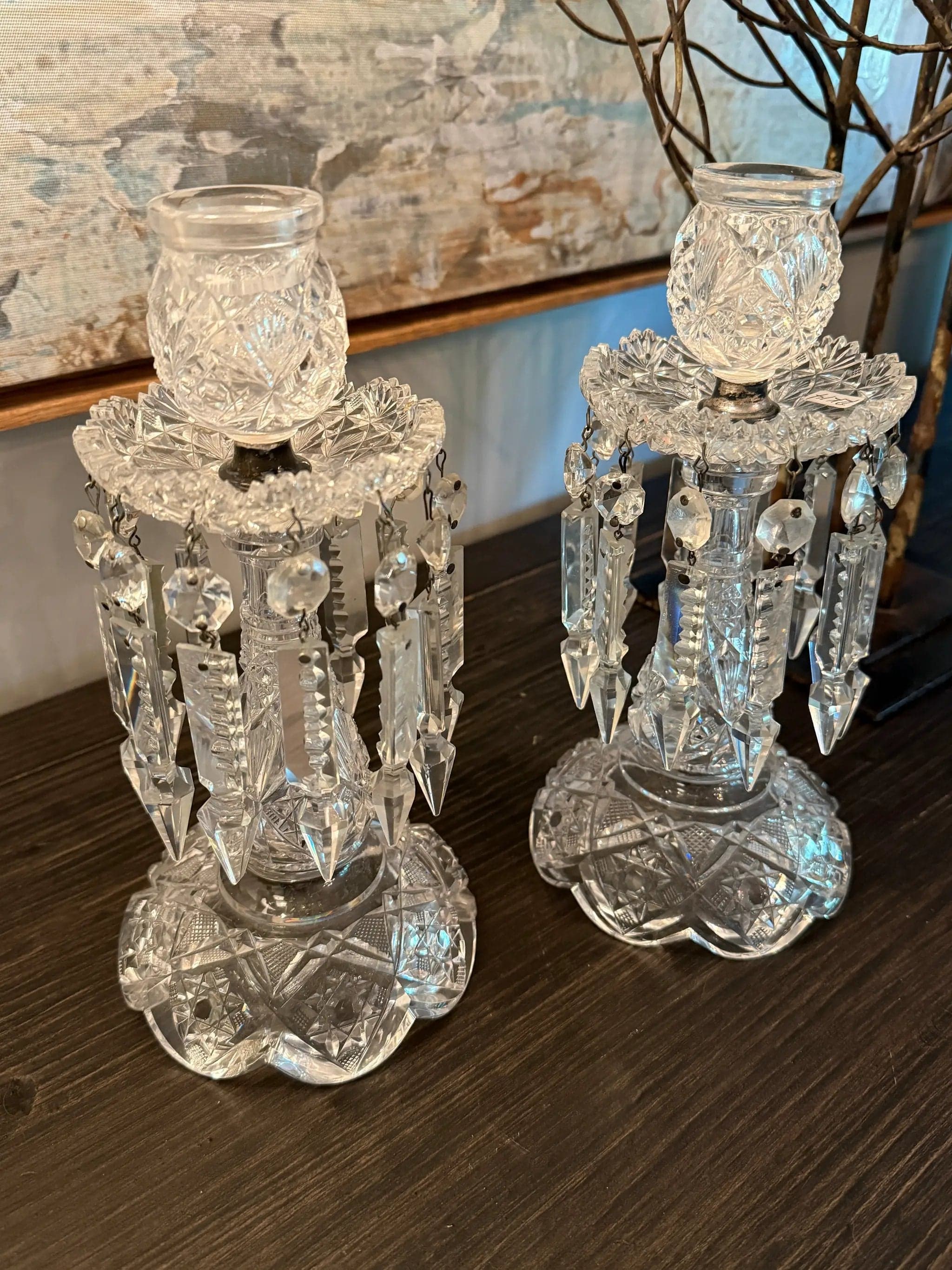 Pair of Antique A B P Cut Glass Candlesticks with Original Crystal Prism