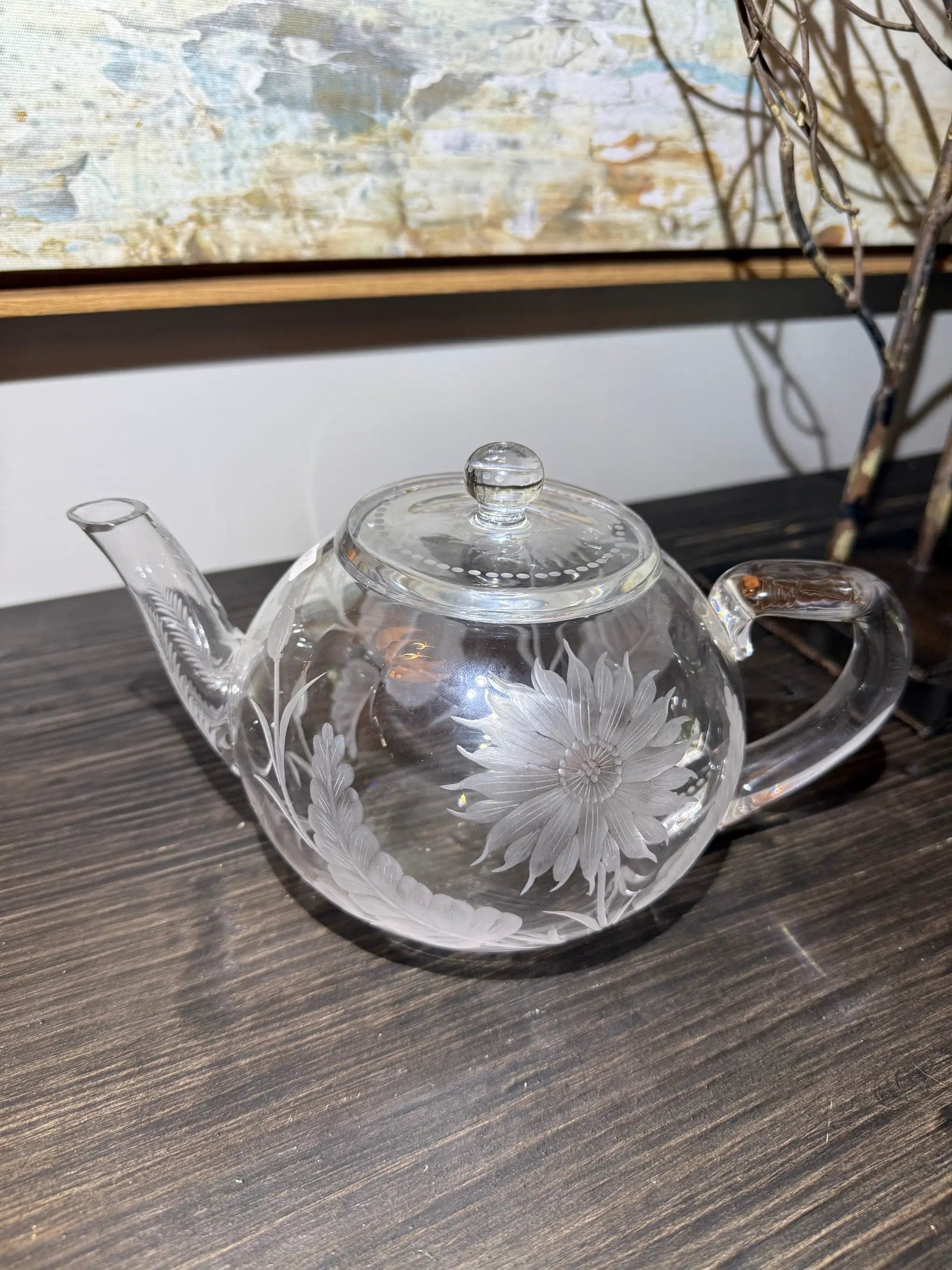 Vintage Wheel-Engraved Crystal Teapot with Floral Design & Lid