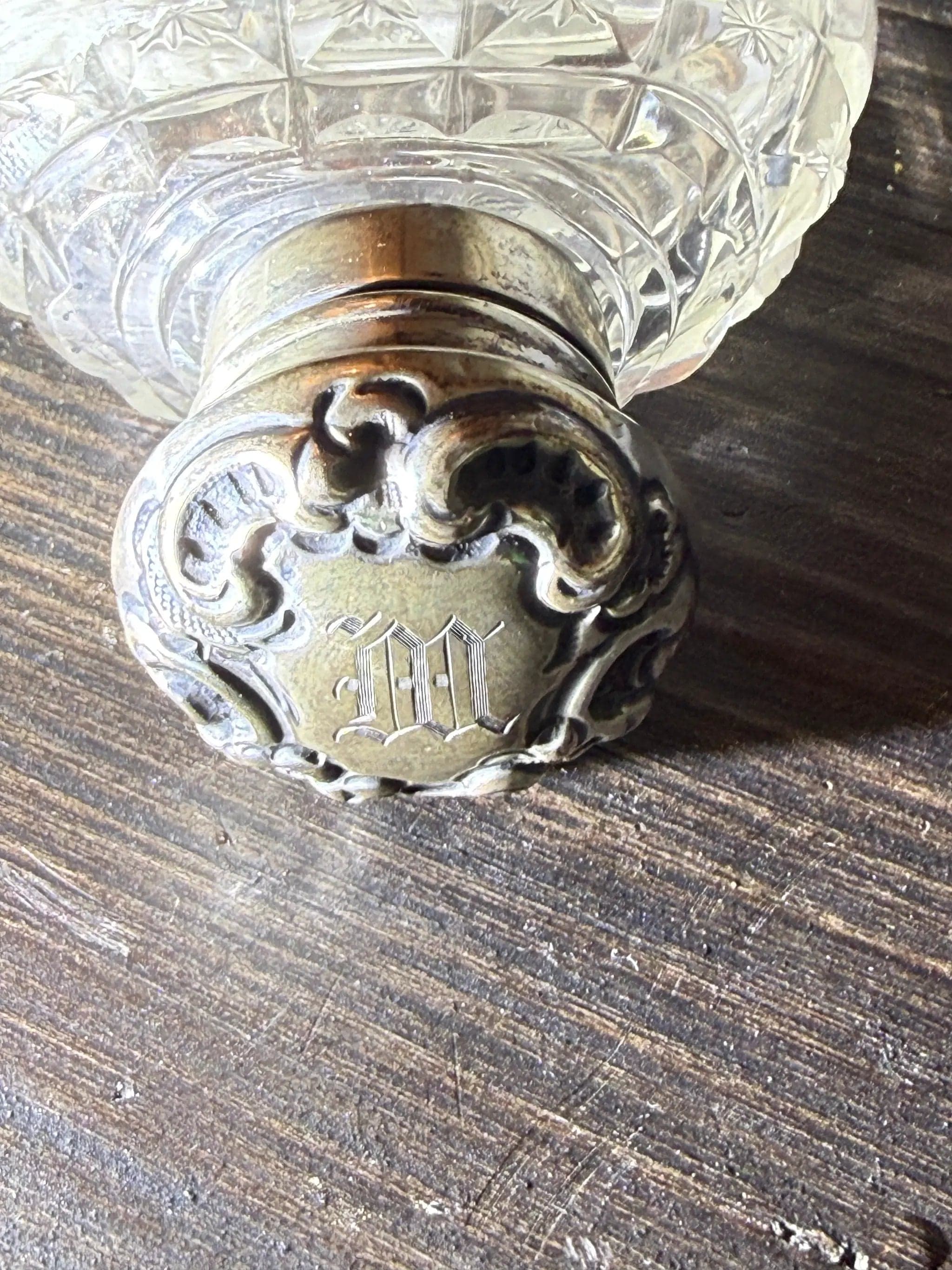 Antique Sterling Silver & Crystal Perfume Bottle with Monogrammed Repoussé Cap - Thumbnail 4
