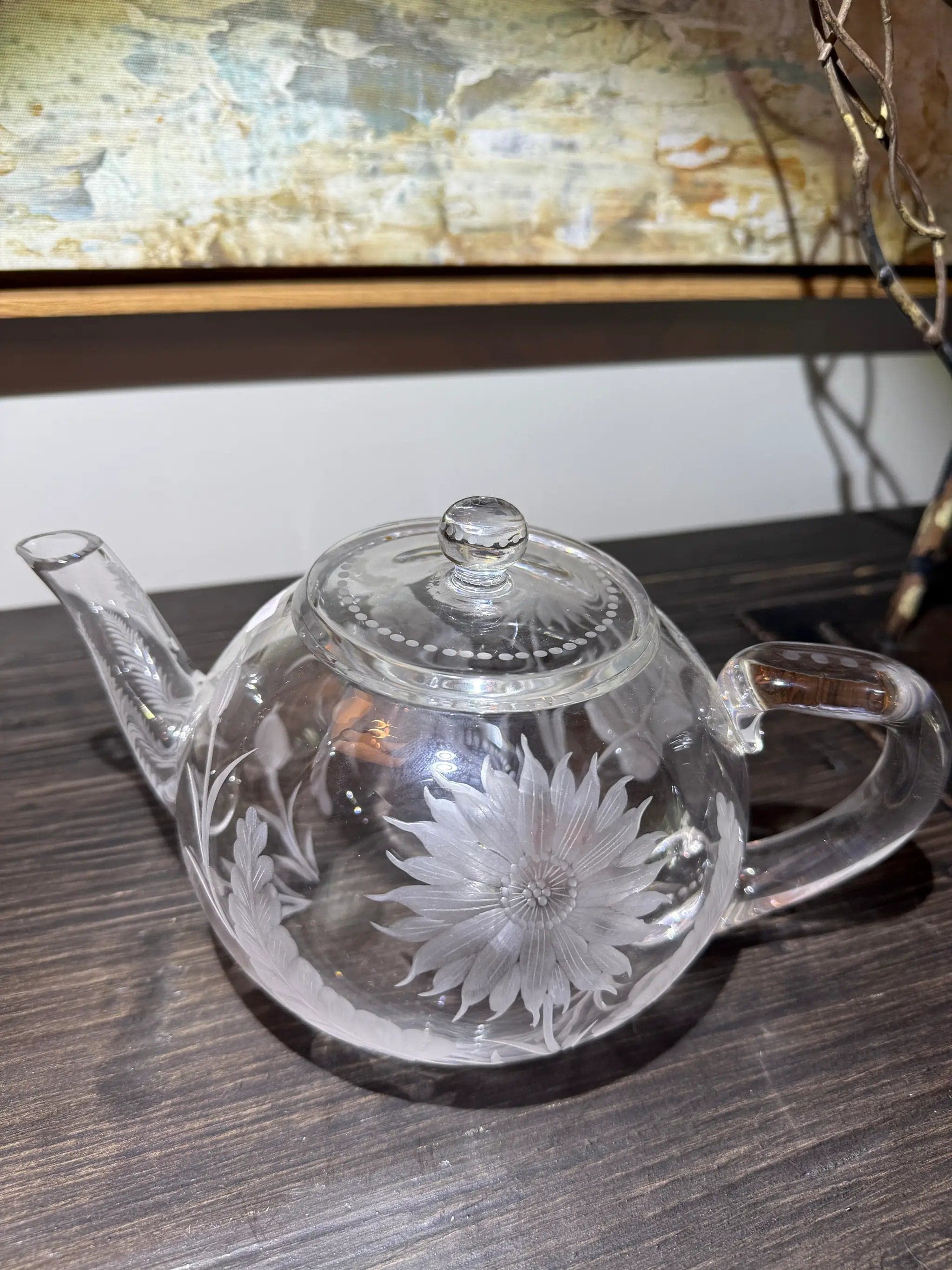 Vintage Wheel-Engraved Crystal Teapot with Floral Design & Lid - Thumbnail 2