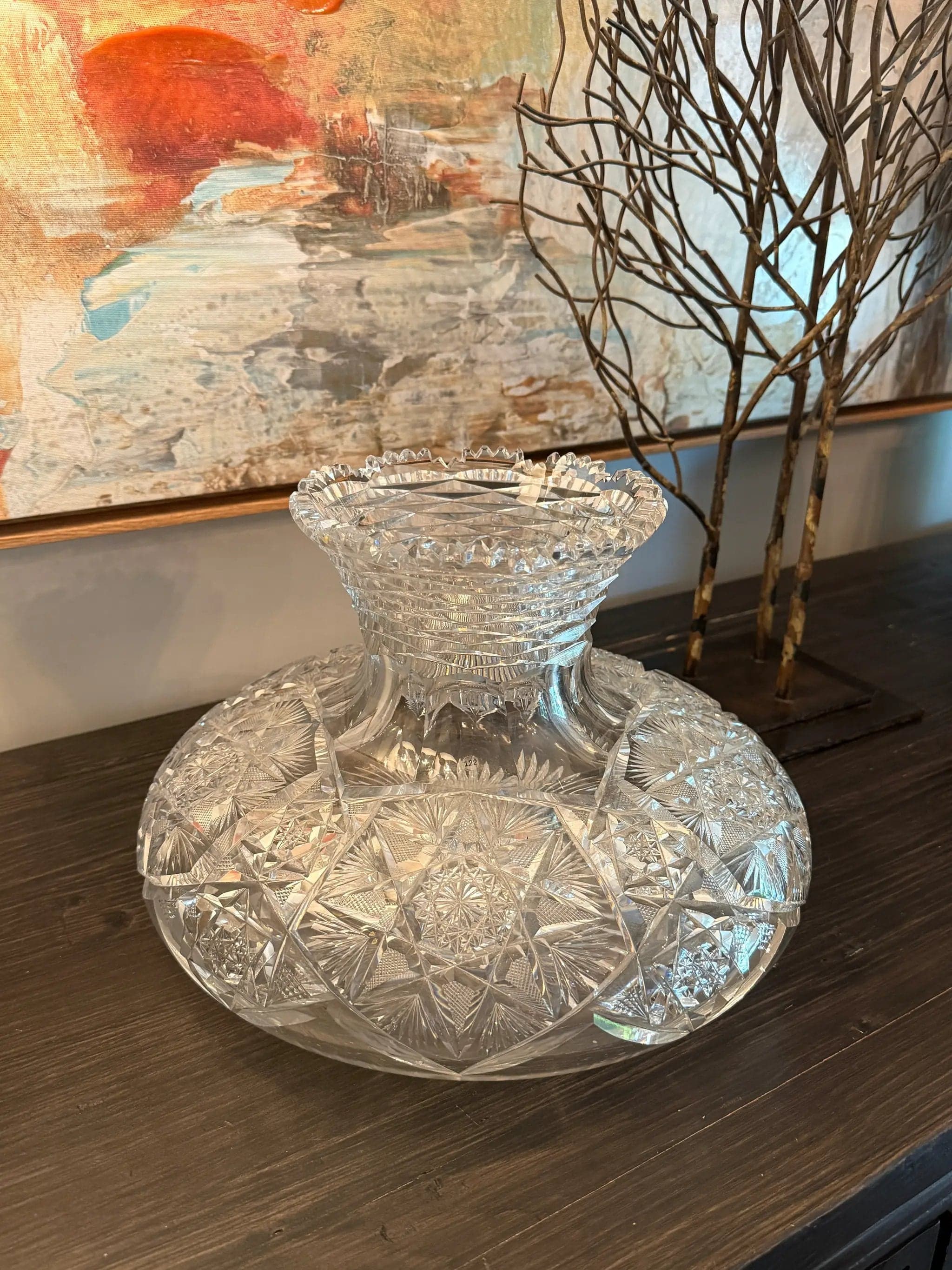 Large American Brilliant Period Cut Glass Flower Centerpiece Bowl with Flared Va