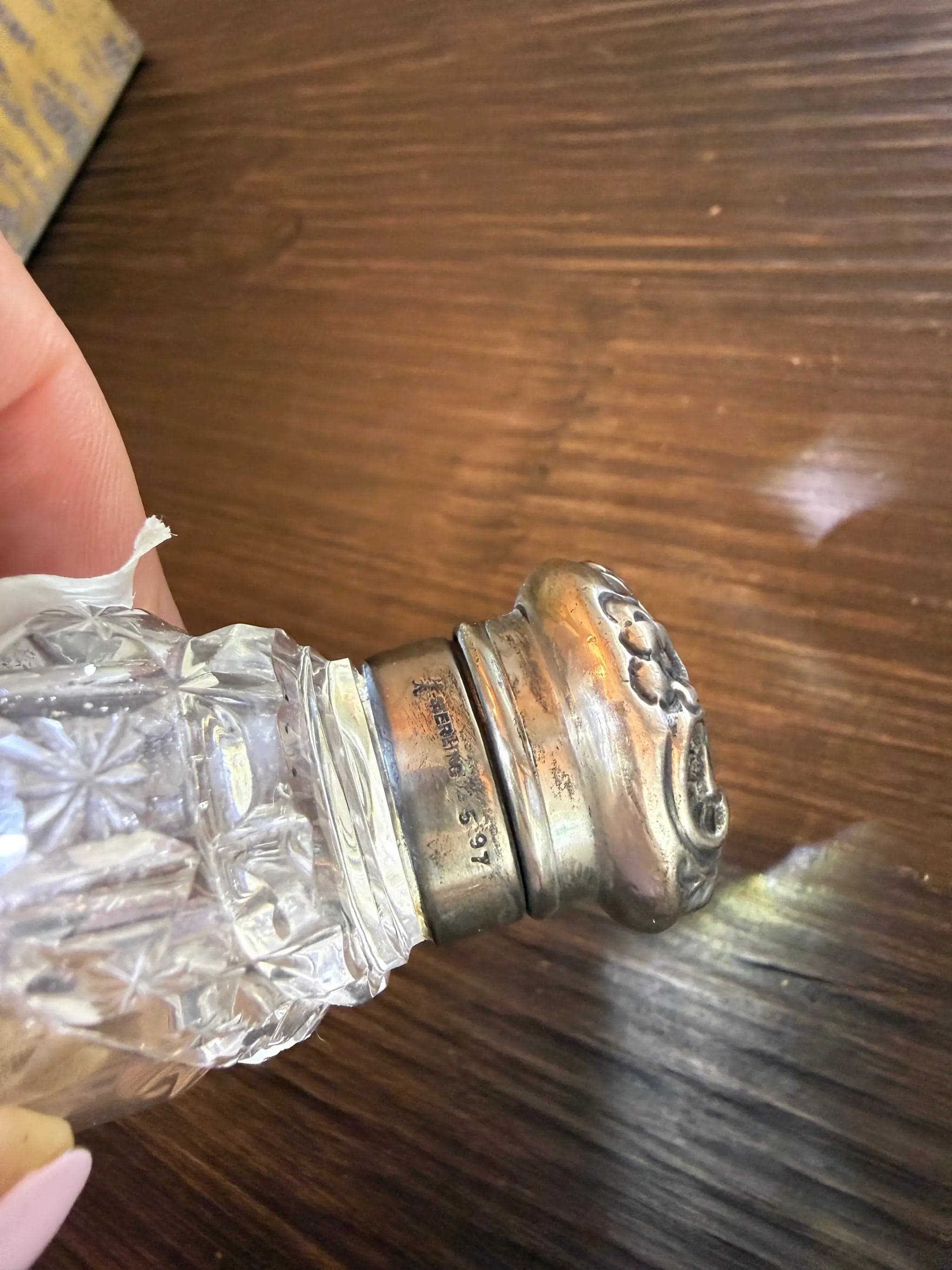 Antique Sterling Silver & Crystal Perfume Bottle with Monogrammed Repoussé Cap - Thumbnail 3