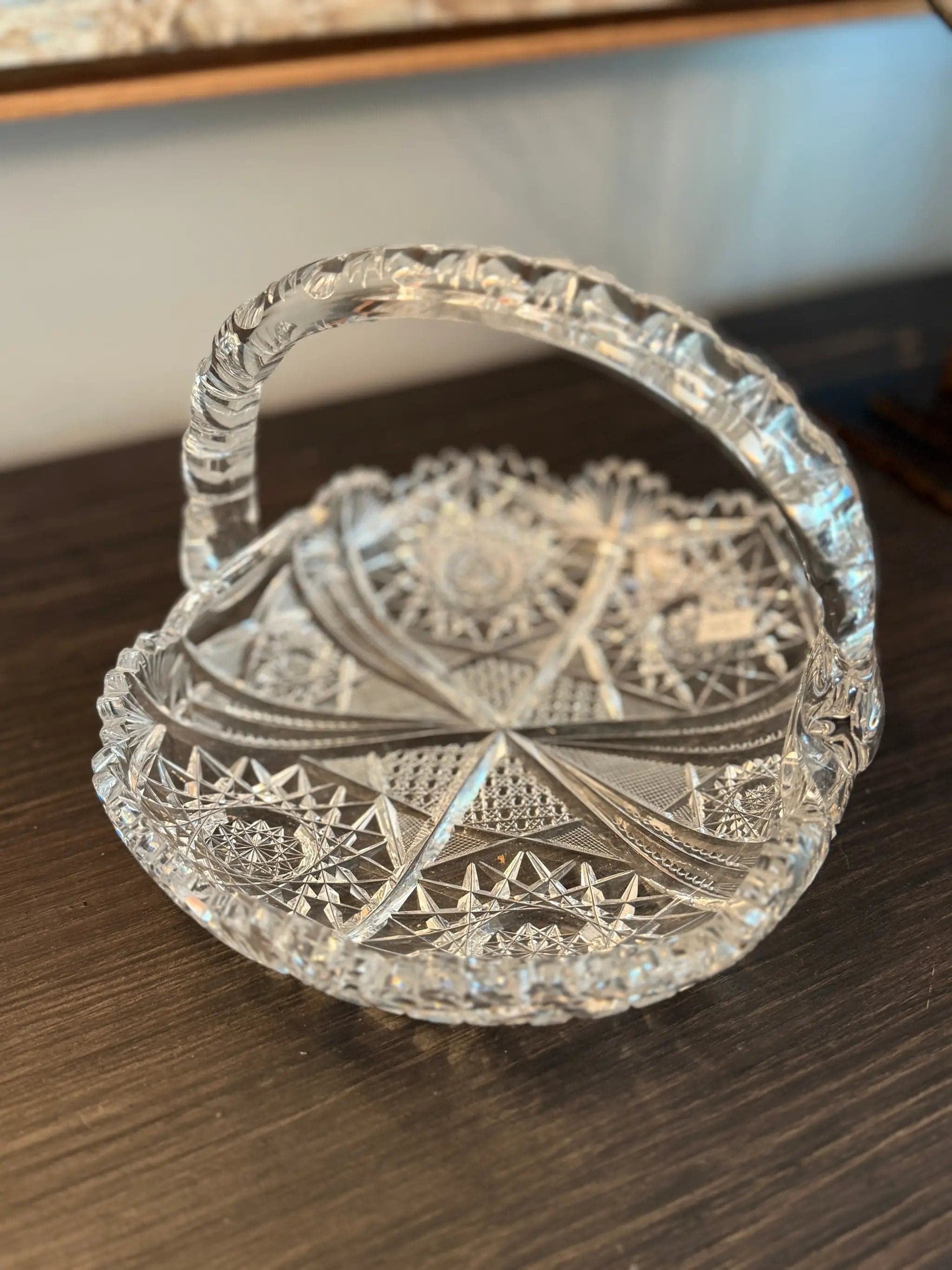 American Brilliant Period Crystal Handled Basket with Hobstars & Fan Motifs