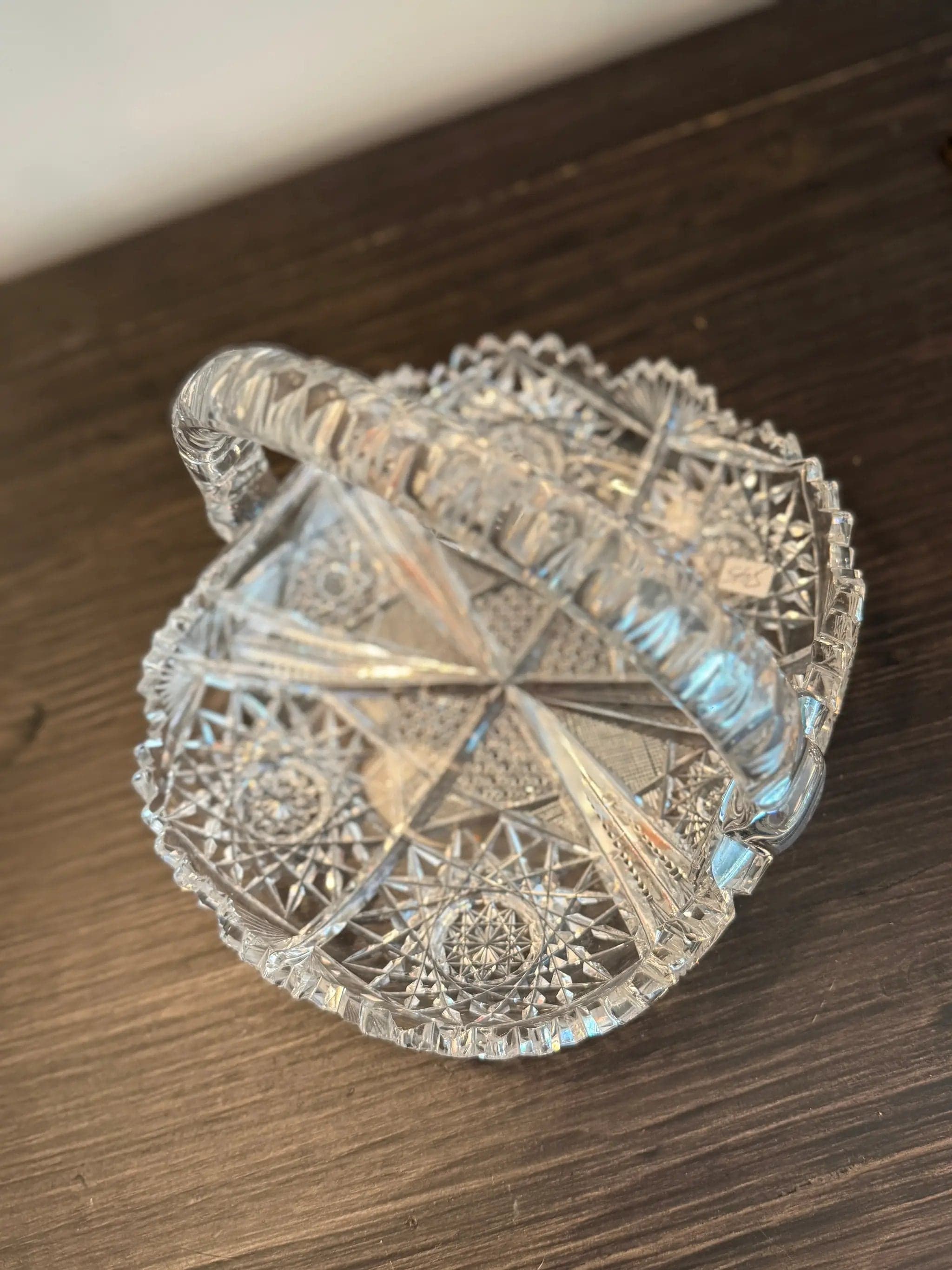 American Brilliant Period Crystal Handled Basket with Hobstars & Fan Motifs - Thumbnail 2