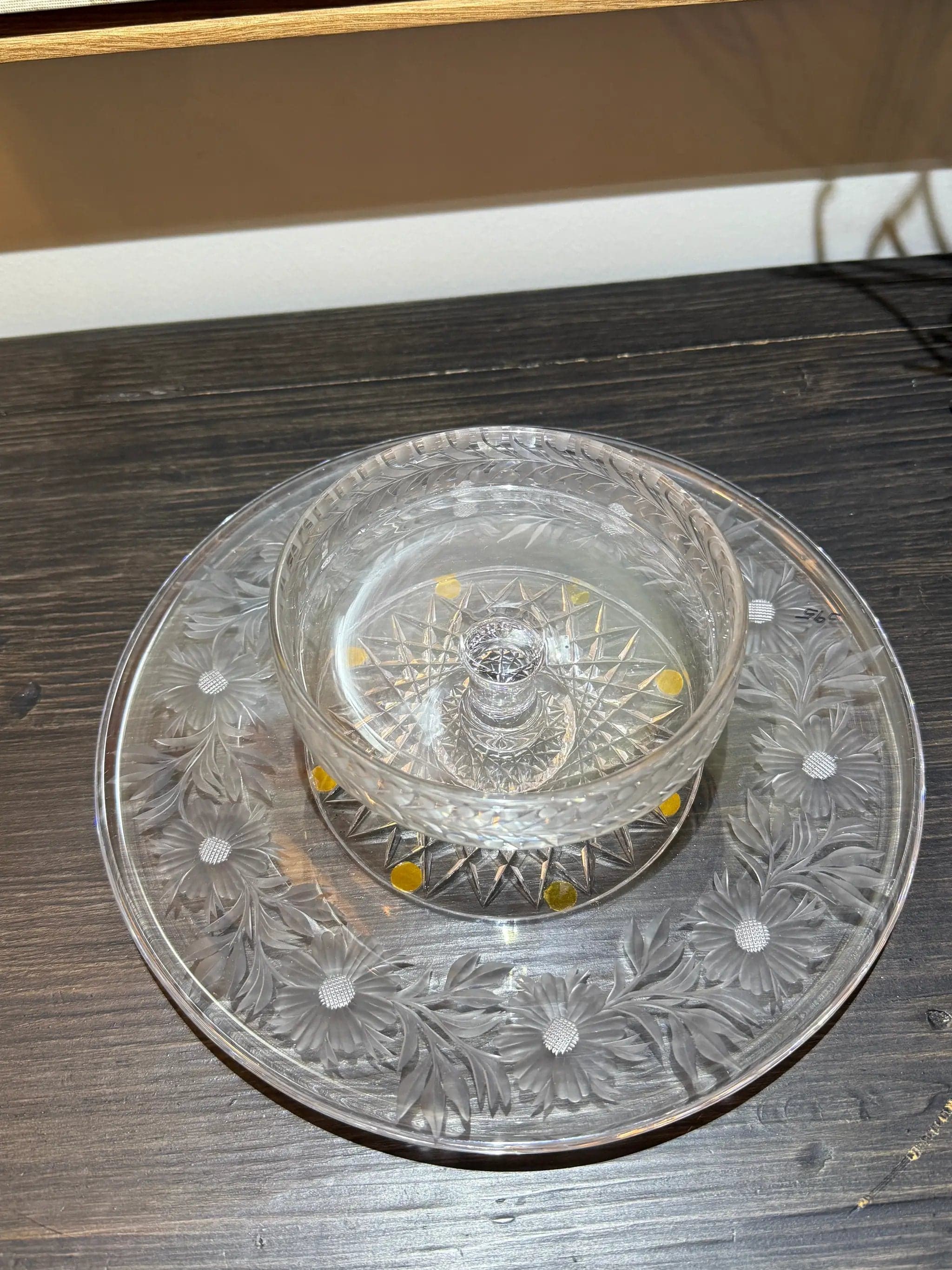 Vintage Hand Wheel-Engraved Crystal Pedestal Bon Bon Dish with Matching Floral U - Thumbnail 2