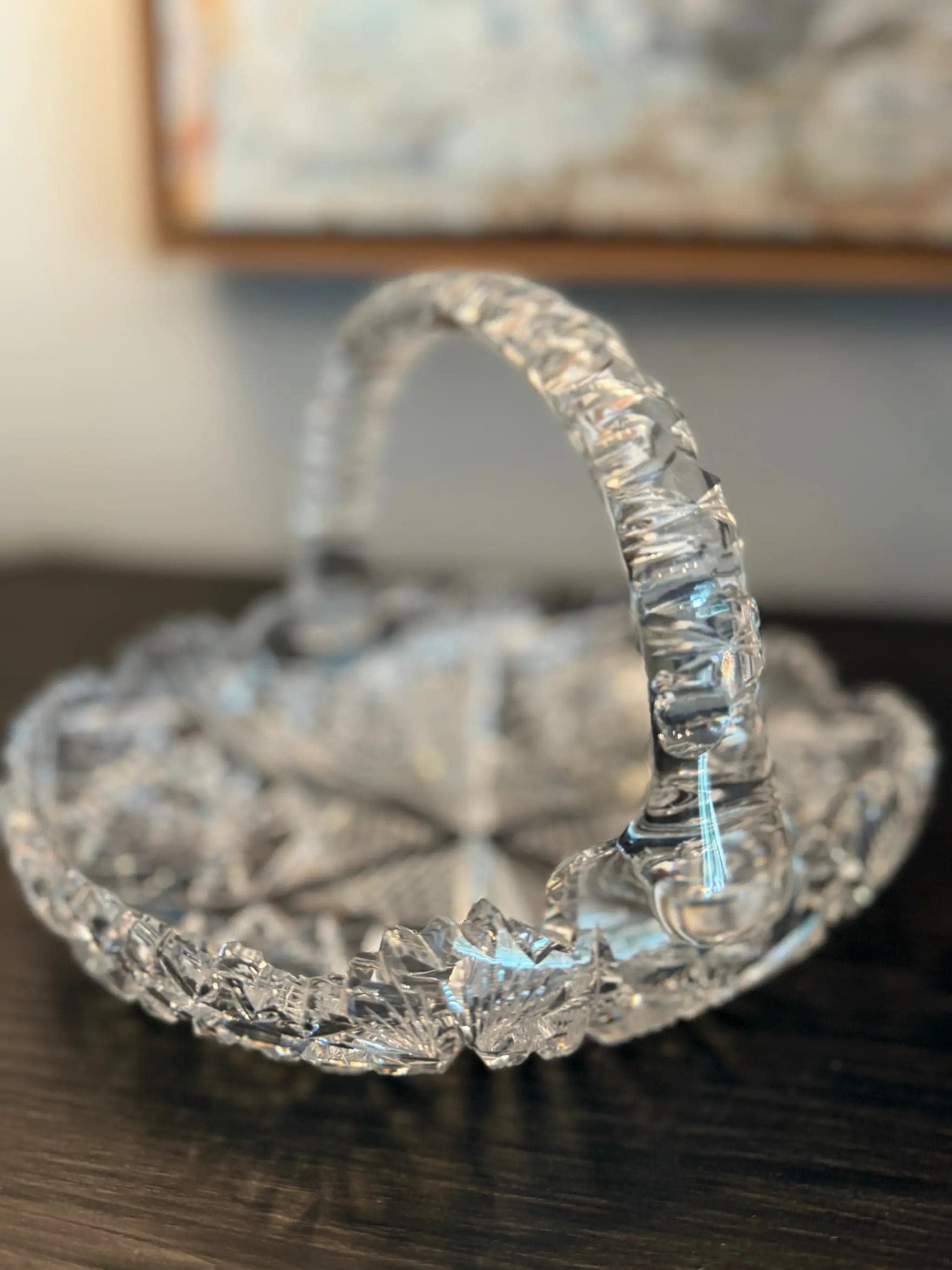 American Brilliant Period Crystal Handled Basket with Hobstars & Fan Motifs - Thumbnail 3