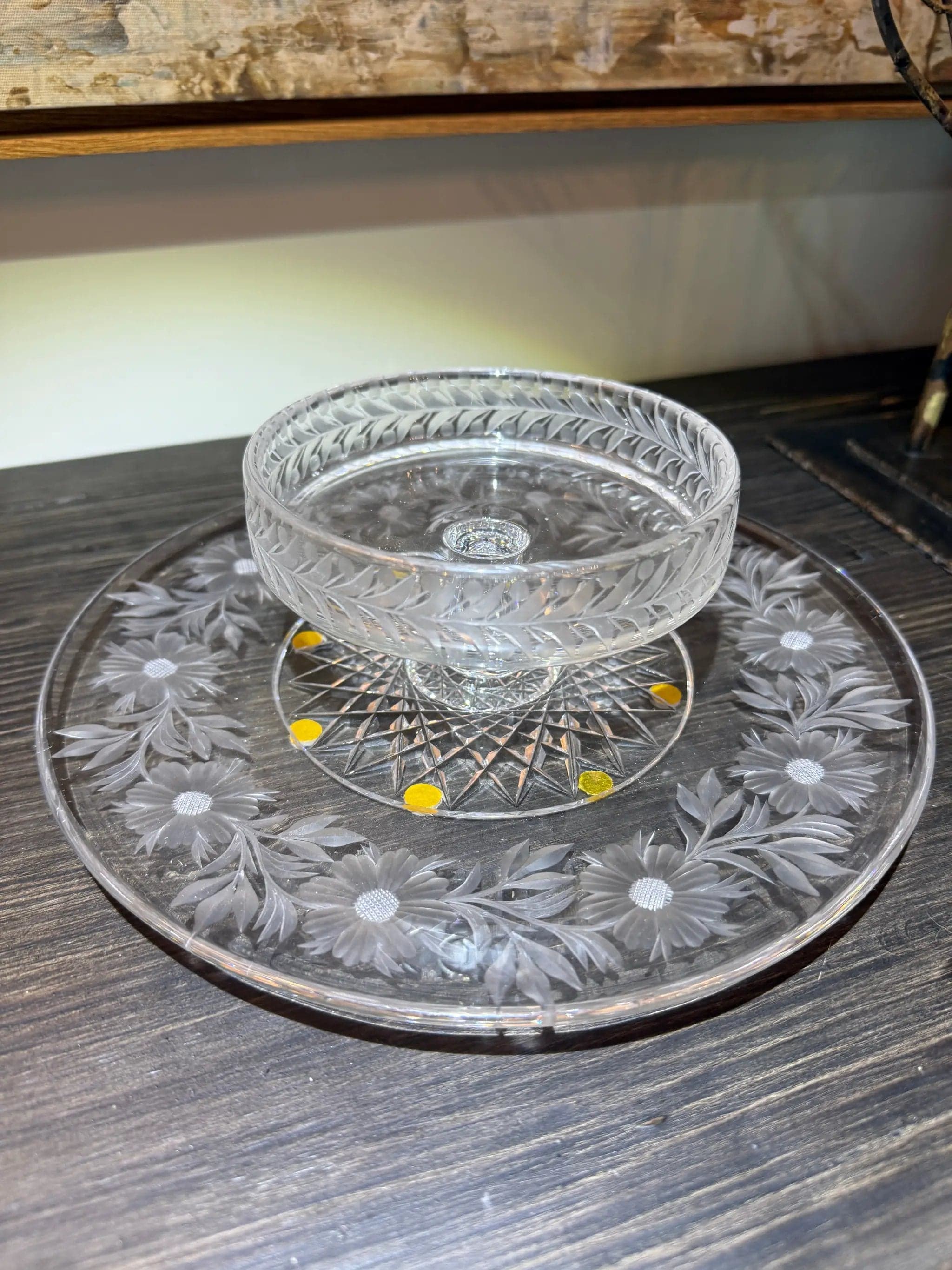 Vintage Hand Wheel-Engraved Crystal Pedestal Bon Bon Dish with Matching Floral U