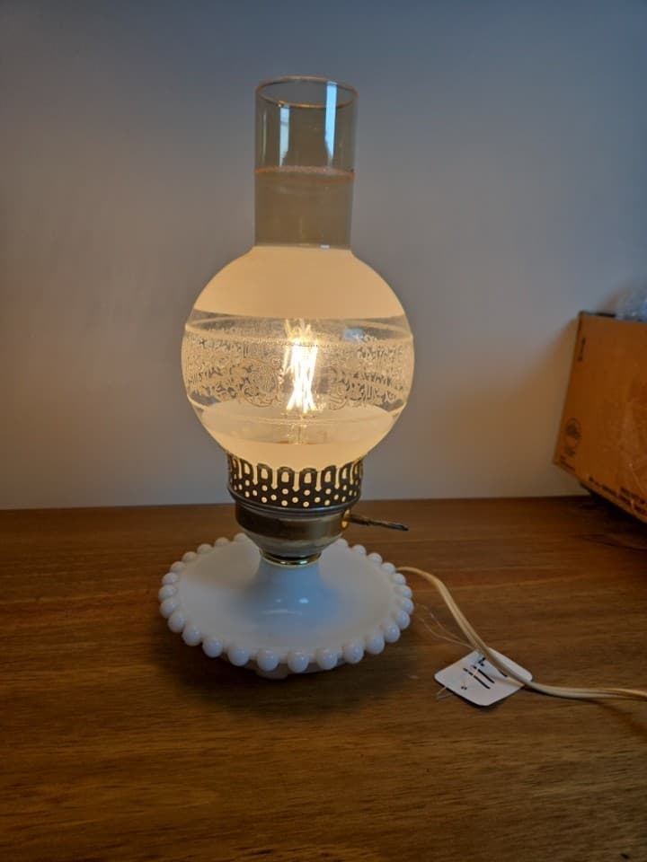 Vtg-WHITE MILK GLASS-Hurricane Style-Electric LAMP w/FROSTED & CLEAR GLOBE