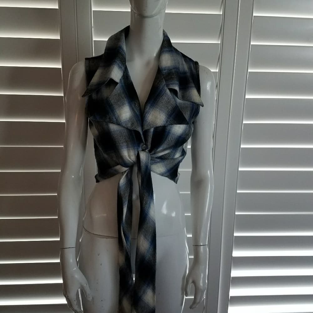Sexy blue/black/gray/white plaid tie top.