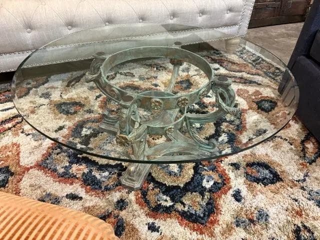 Round Beveled Glass Top Coffee Table With Ornate Iron Base