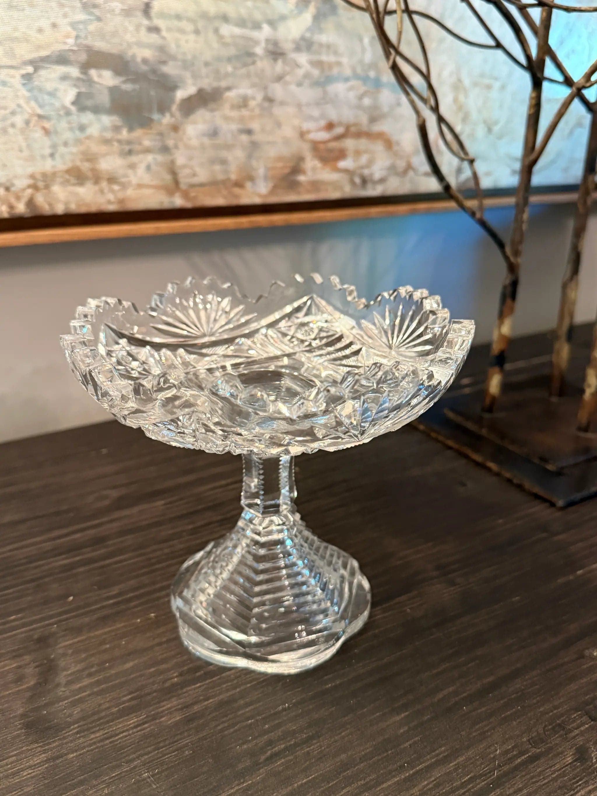 American Brilliant Period Style Crystal Pedestal Compote Bowl | Scalloped Rim