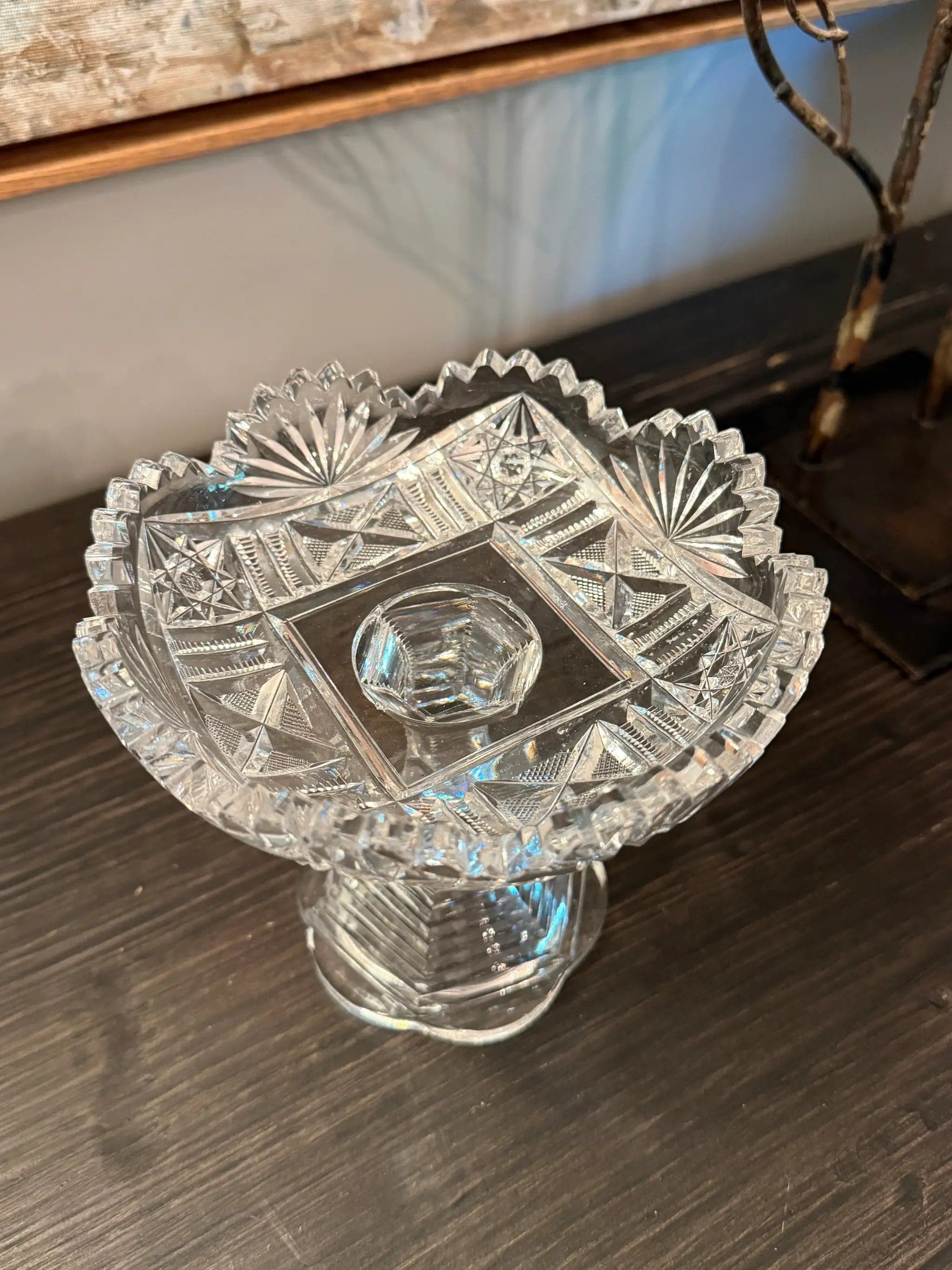 American Brilliant Period Style Crystal Pedestal Compote Bowl | Scalloped Rim - Thumbnail 2