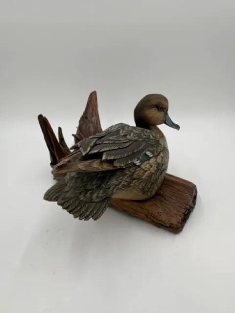 Hand Carved Hen Pintail Mounted on Driftwood By Burns '85 - Thumbnail 2