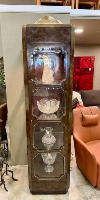 Vintage Mastercraft Burl Wood & Brass Lighted Display Cabinet Vitrine