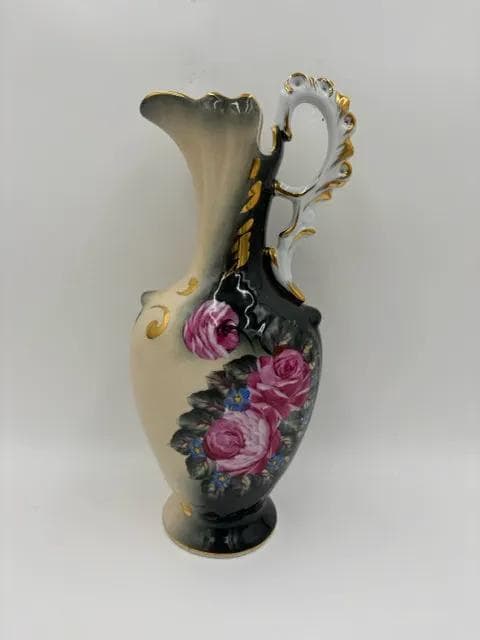 Antique Hand-Painted Nippon Porcelain Ewer with Roses & Gilt Handle