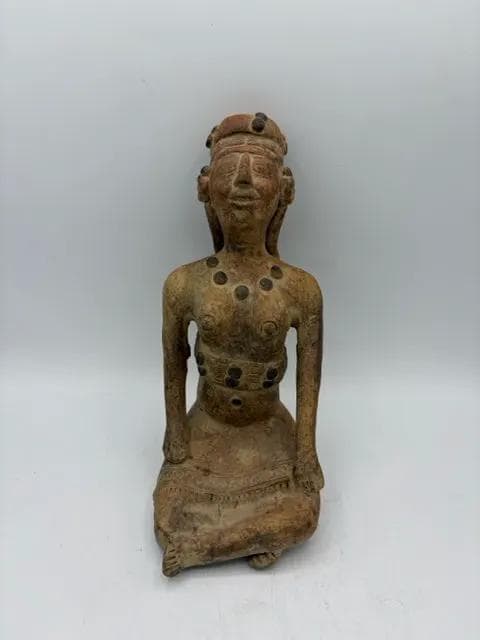 Hand-Carved Folk Art Seated Woman Sculpture – Pre-Columbian Style