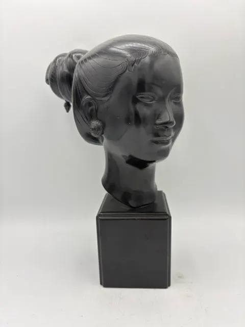 Vintage Hand-Carved "Luotian Princess" Ebonized Wood Bust – Art Deco Style