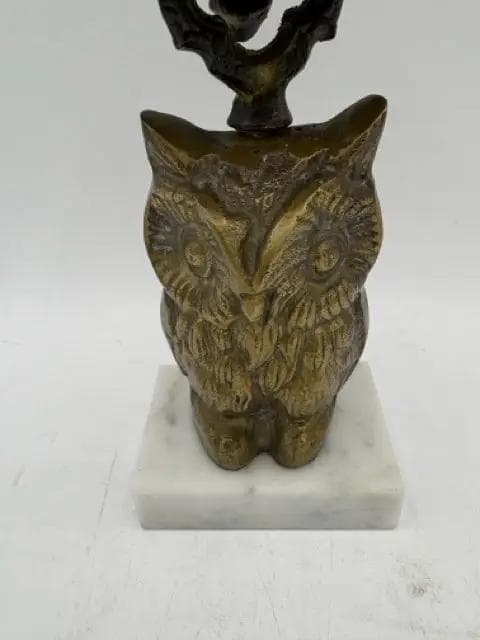 Vintage Brass Owl Accent Bell on White Marble Base - Thumbnail 3