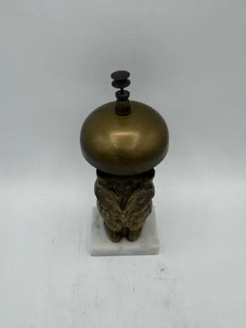 Vintage Brass Owl Accent Bell on White Marble Base - Thumbnail 2