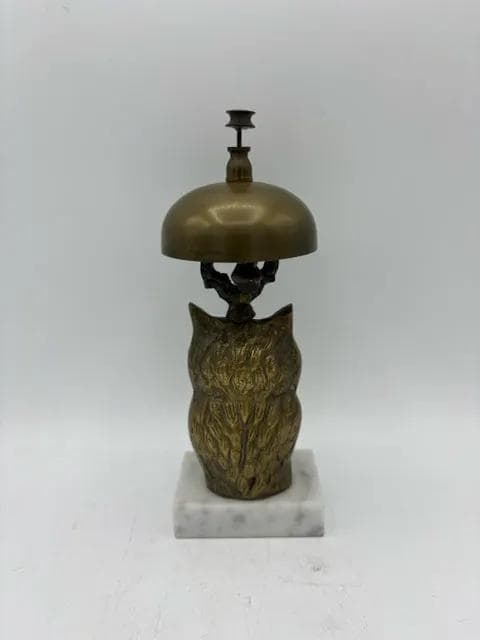 Vintage Brass Owl Accent Bell on White Marble Base - Thumbnail 4