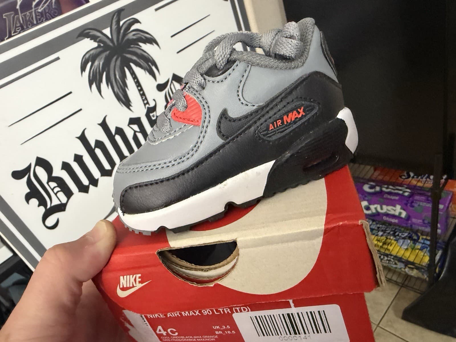 Nike Air Max 90 LTR (TD) Toddler Sneaker 4C Gray Black Orange Leather