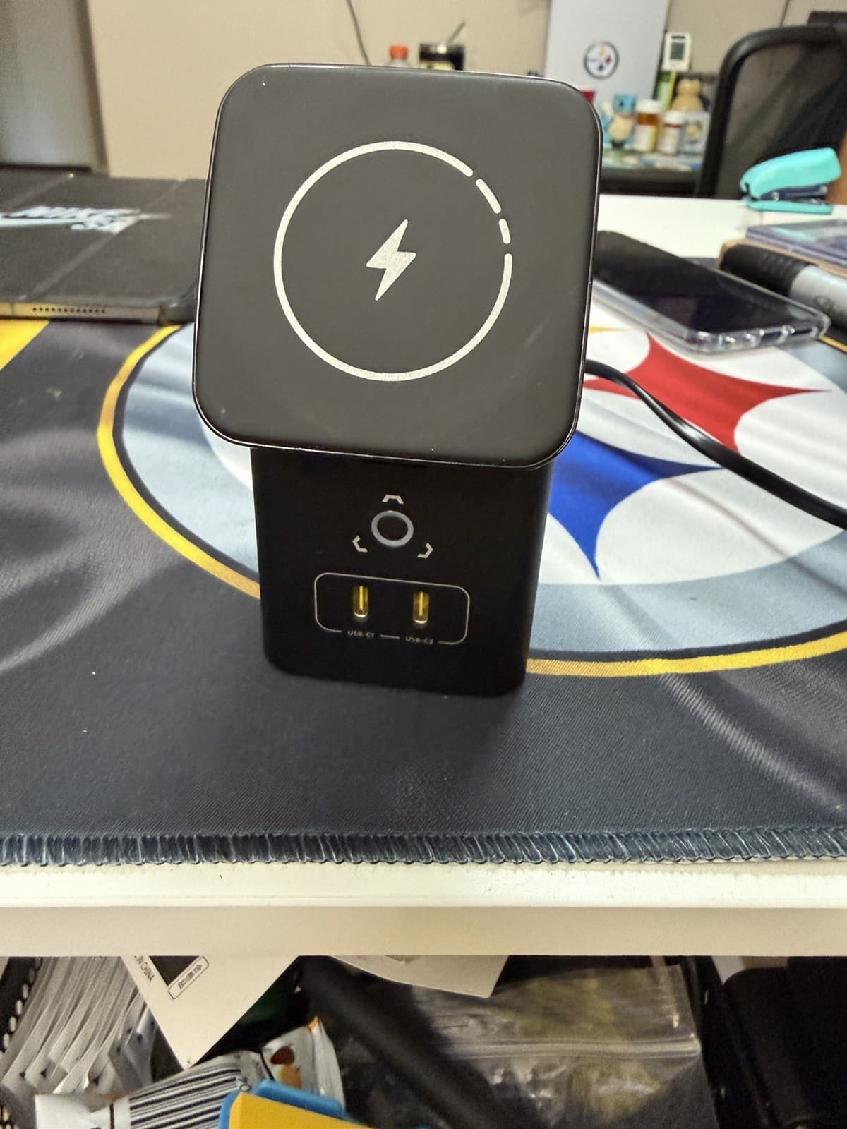 PISEN 3-in-1 Qi Wireless Charging Stand, Dual USB-C Ports, Black Compact - Thumbnail 2