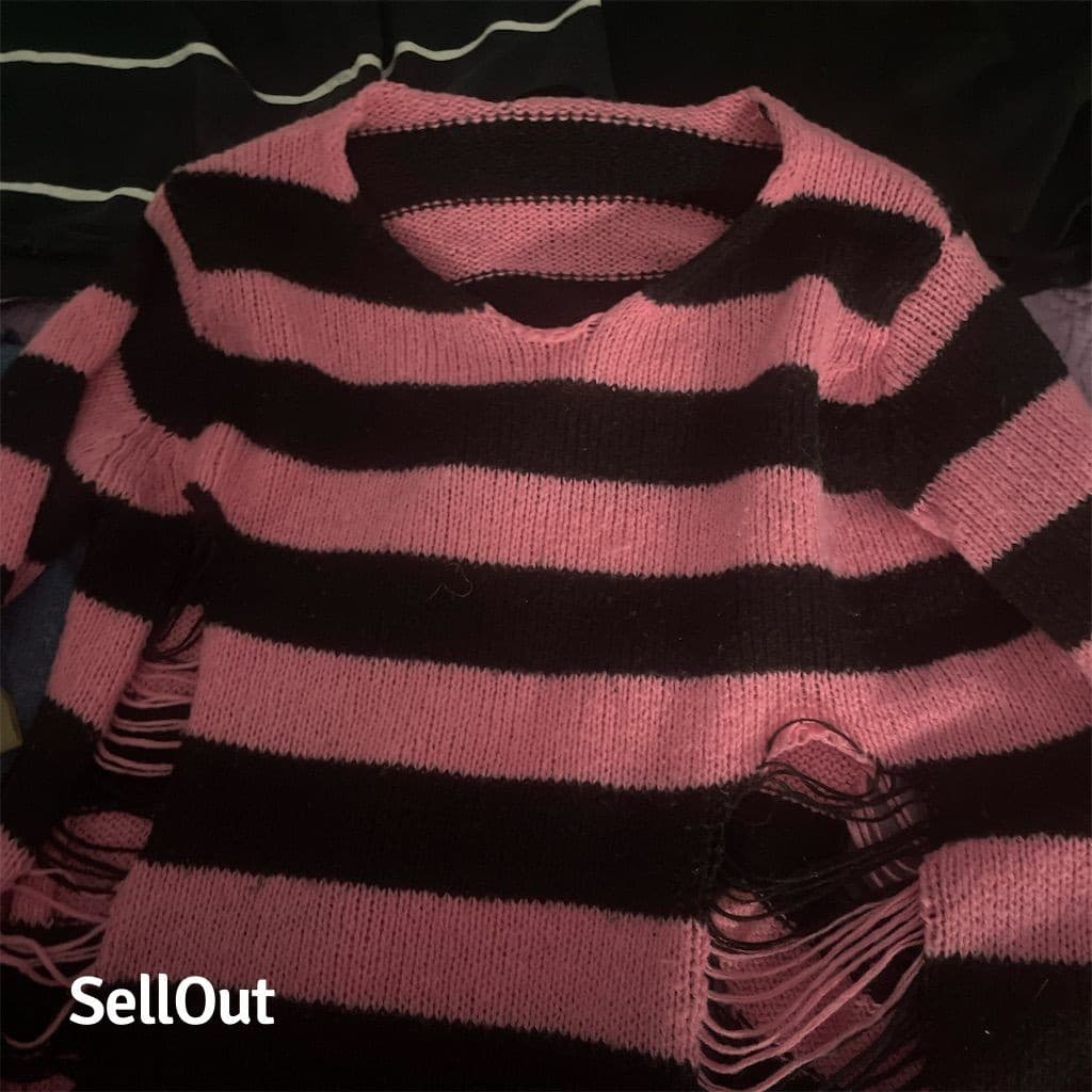 Custom made Women's Grunge ripped Striped Knit Sweater Pink Black Size M - Thumbnail 5