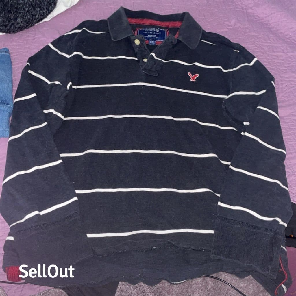 American Eagle Men's L Blue & White Striped Long Sleeve Rugby Polo Shirt Vintage