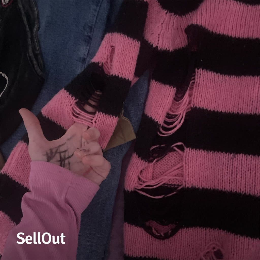 Custom made Women's Grunge ripped Striped Knit Sweater Pink Black Size M - Thumbnail 4