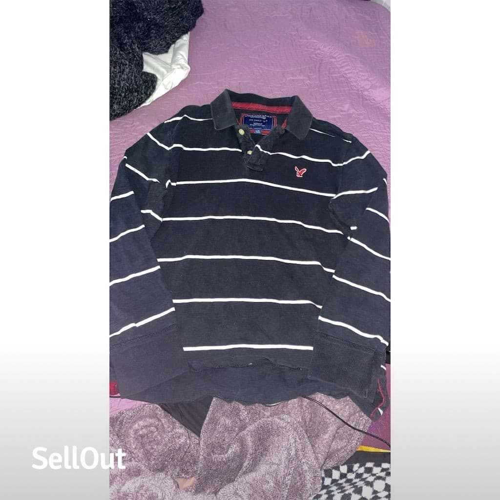 American Eagle Men's L Blue & White Striped Long Sleeve Rugby Polo Shirt Vintage - Thumbnail 2