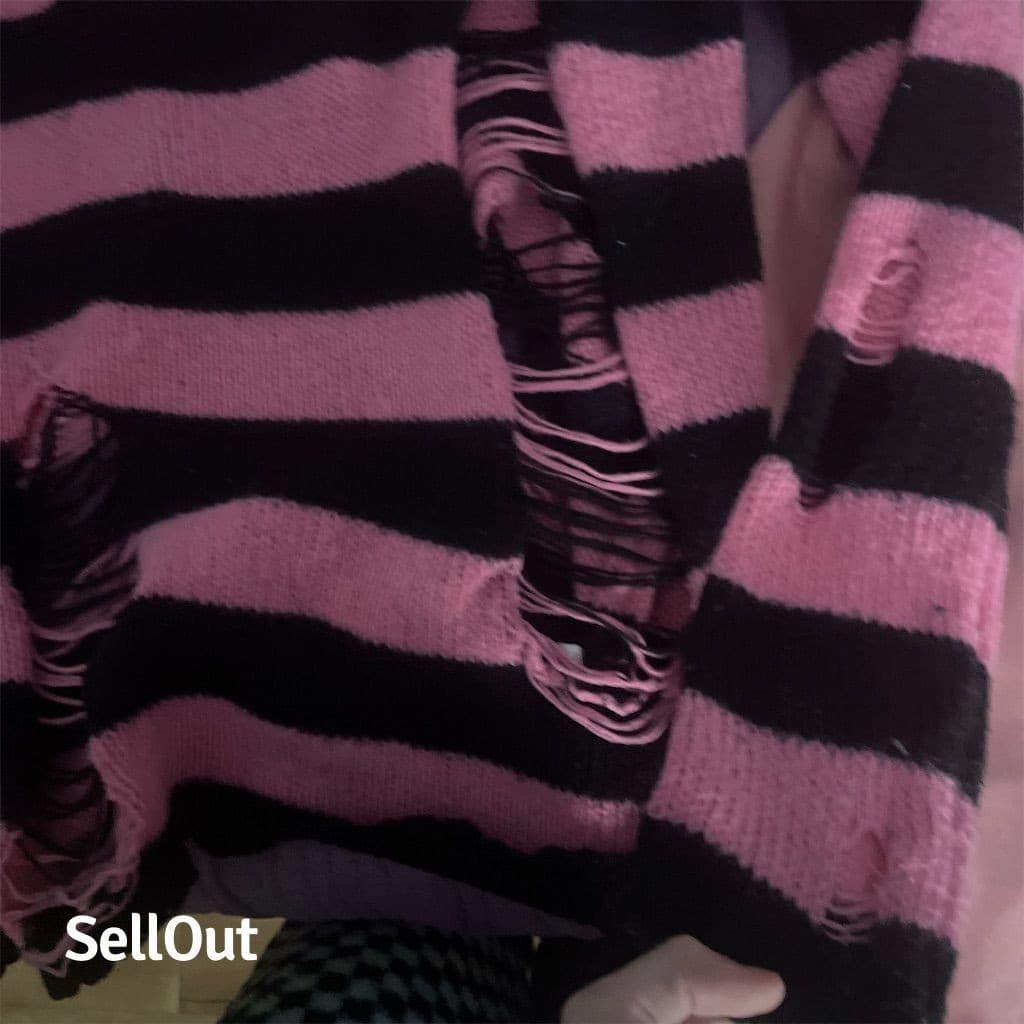 Custom made Women's Grunge ripped Striped Knit Sweater Pink Black Size M - Thumbnail 3