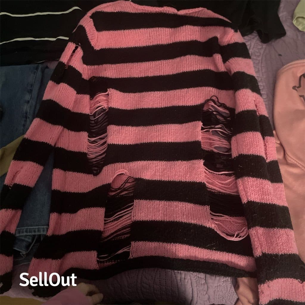 Custom made Women's Grunge ripped Striped Knit Sweater Pink Black Size M - Thumbnail 6