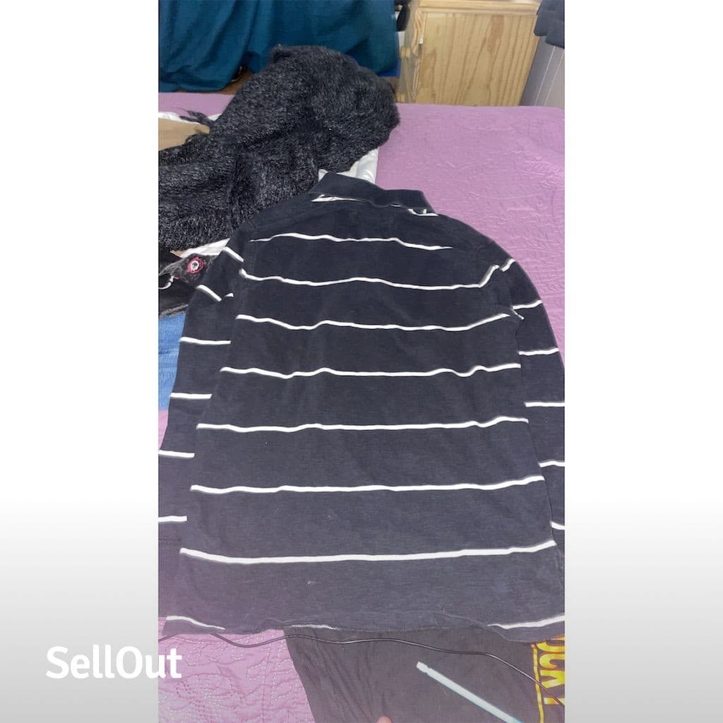 American Eagle Men's L Blue & White Striped Long Sleeve Rugby Polo Shirt Vintage - Thumbnail 6