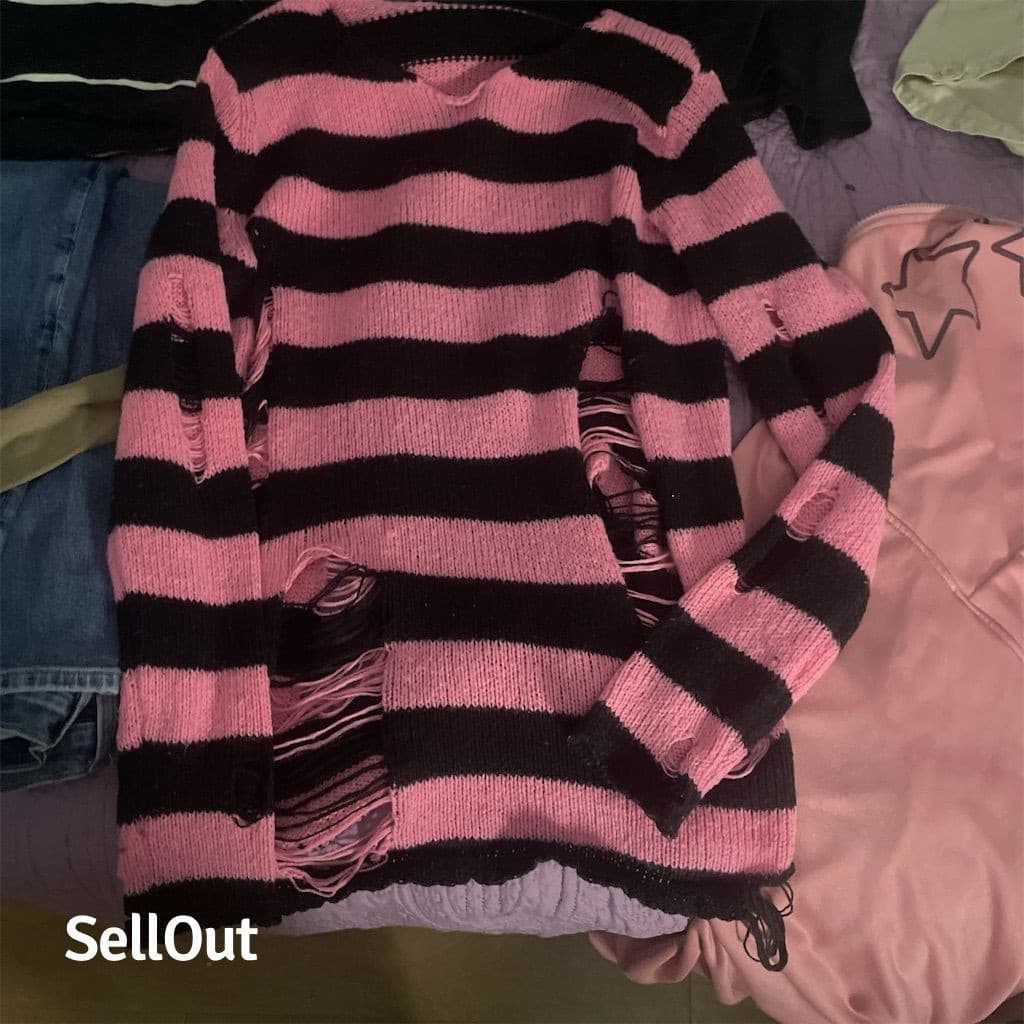 Custom made Women's Grunge ripped Striped Knit Sweater Pink Black Size M