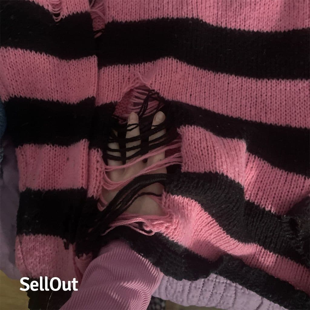 Custom made Women's Grunge ripped Striped Knit Sweater Pink Black Size M - Thumbnail 2