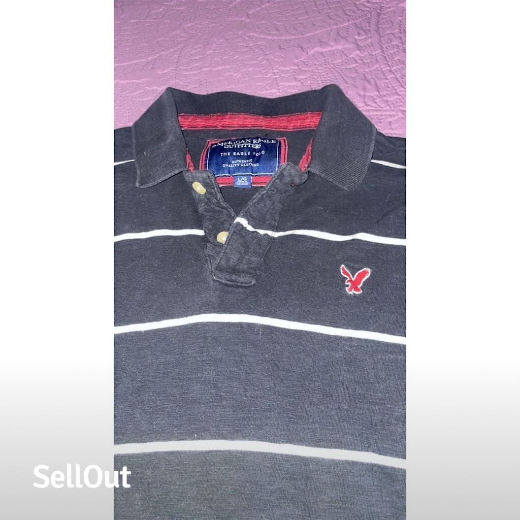 American Eagle Men's L Blue & White Striped Long Sleeve Rugby Polo Shirt Vintage - Thumbnail 3