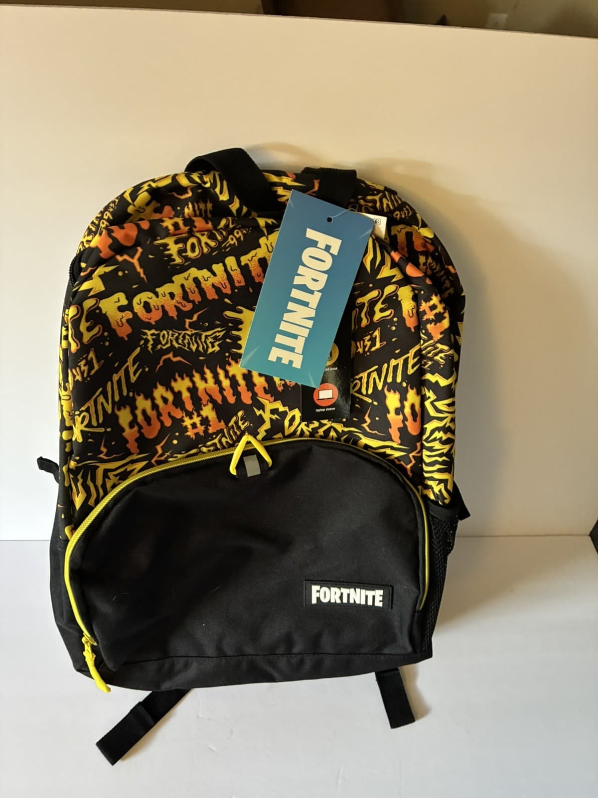 Fortnite Backpack Black Yellow Flame Print Laptop Sleeve New w/ Tags