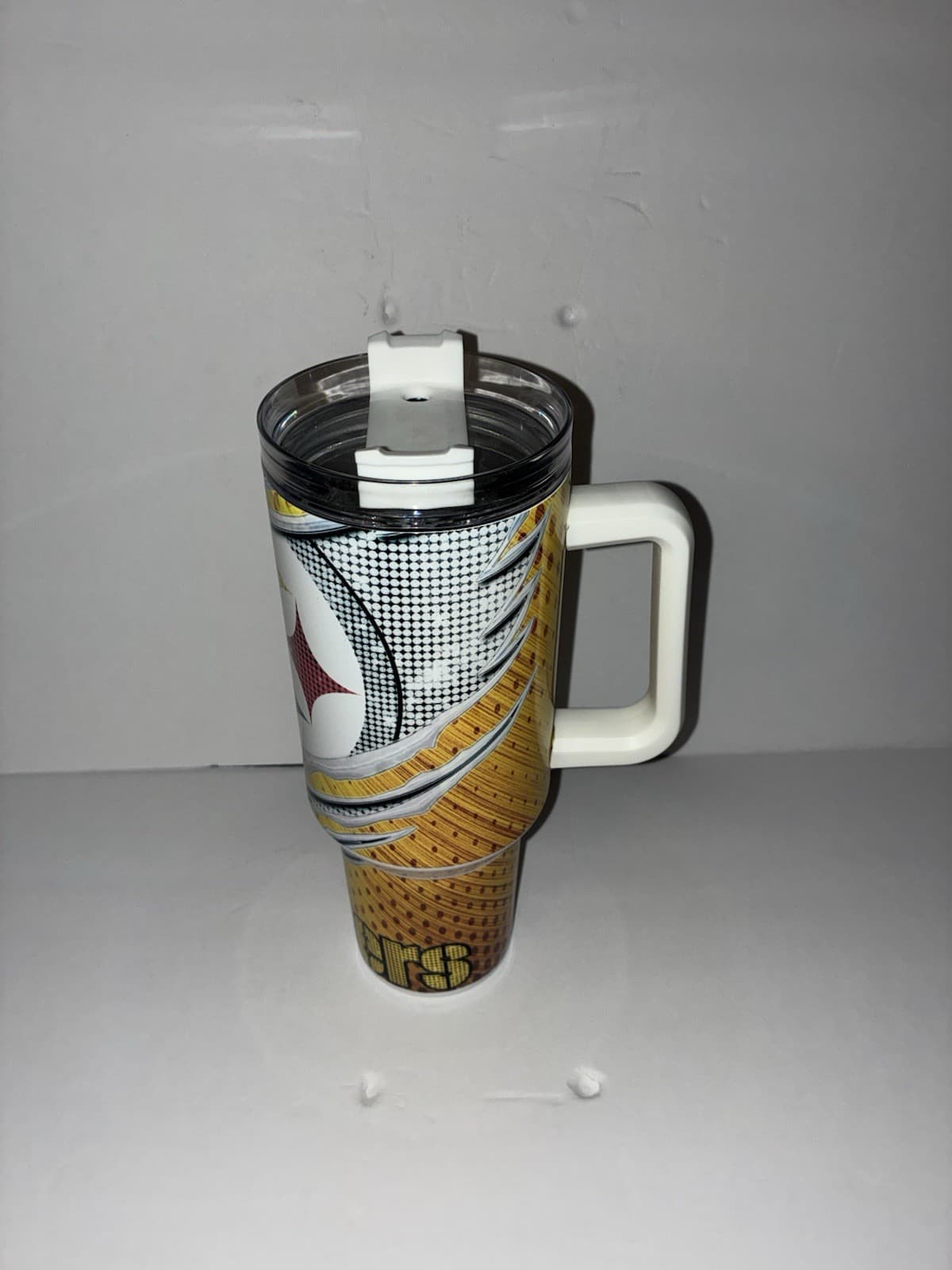 Pittsburgh Steelers NFL Handled Tumbler Cup w/ Lid Yellow Black White