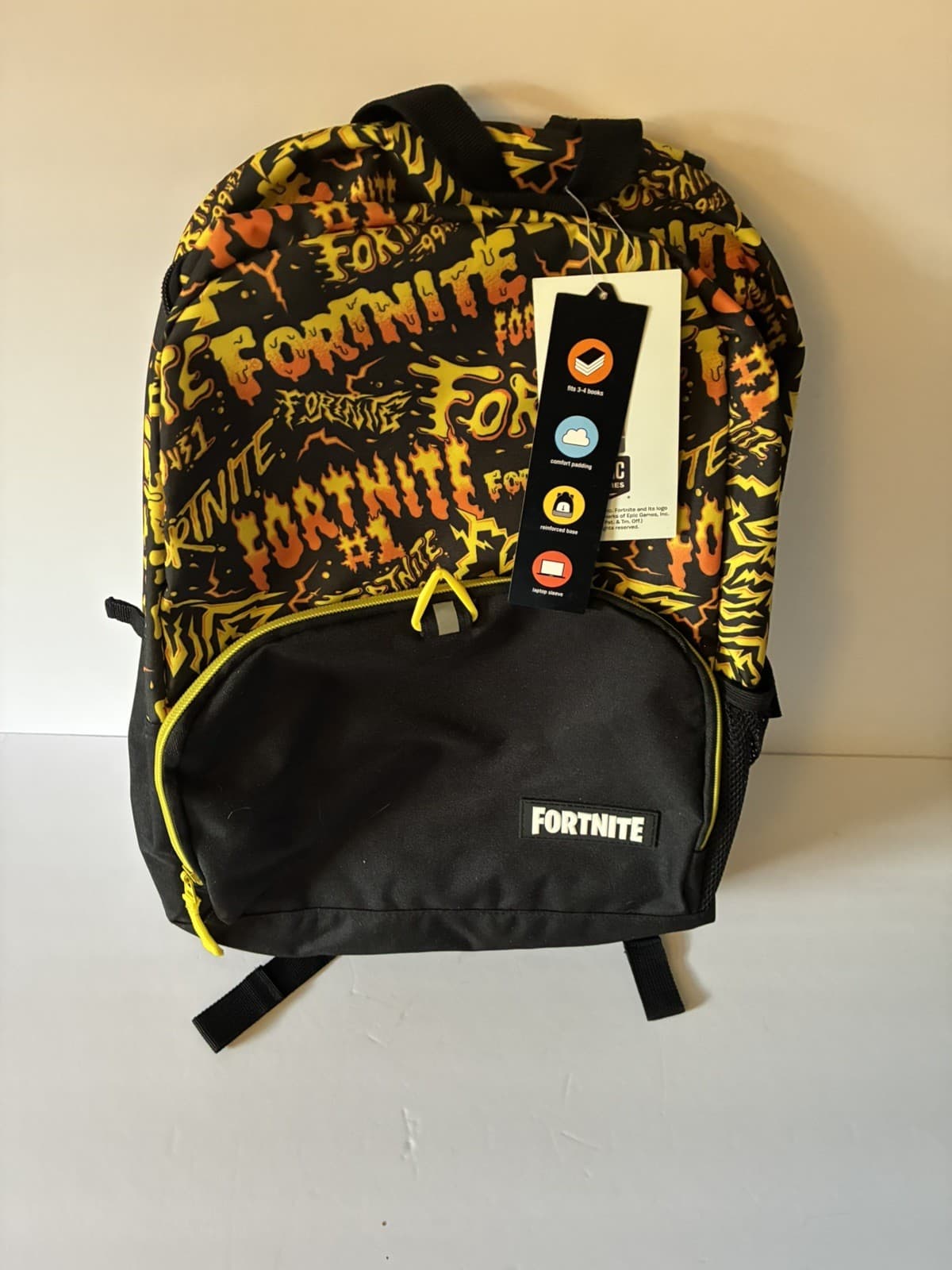 Fortnite Backpack Black Yellow Flame Print Laptop Sleeve New w/ Tags - Thumbnail 3